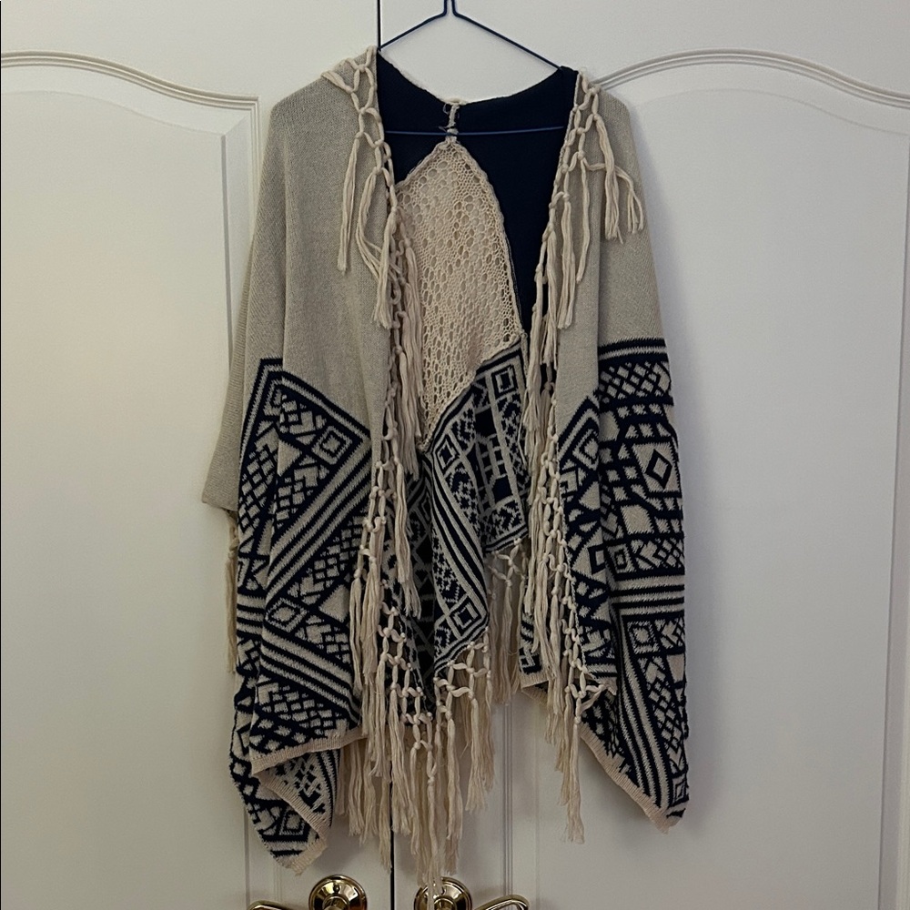 Beige and Navy Blue Fringe Knit Poncho